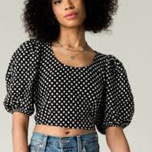 FREE PEOPLE Polka Puff Sleeve Cropped Scoop Neck Blouse
